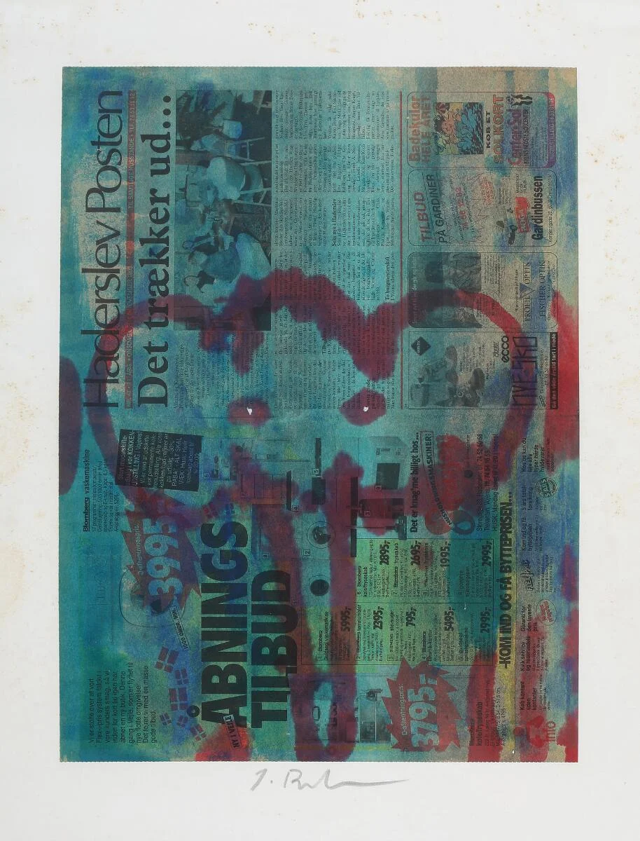 Untitled. Signed J. Birkemose. Watercolour on newspaper mounted on paper. Sheet size 70×50 cm. — Modern Paintings/Modern art — Bruun Rasmussen