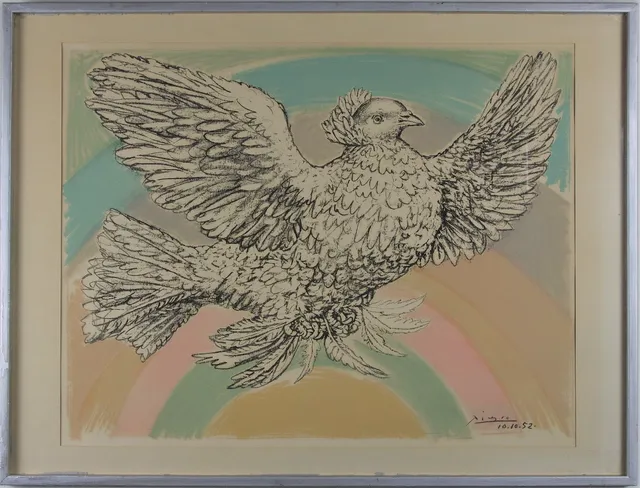 PABLO PICASSO. EFTER. Litografiskt tryck, onumrerat, fredsduva, signerad i trycket, 10.10.52..