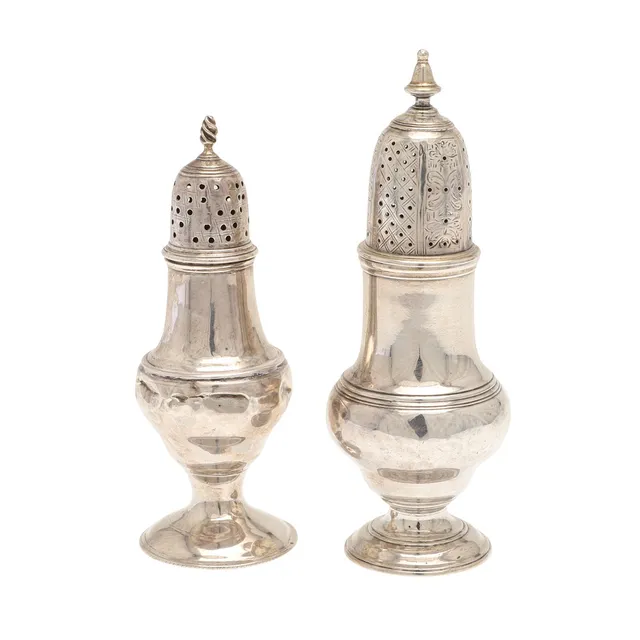 TWO 18TH CENTURY SILVER CASTERS.