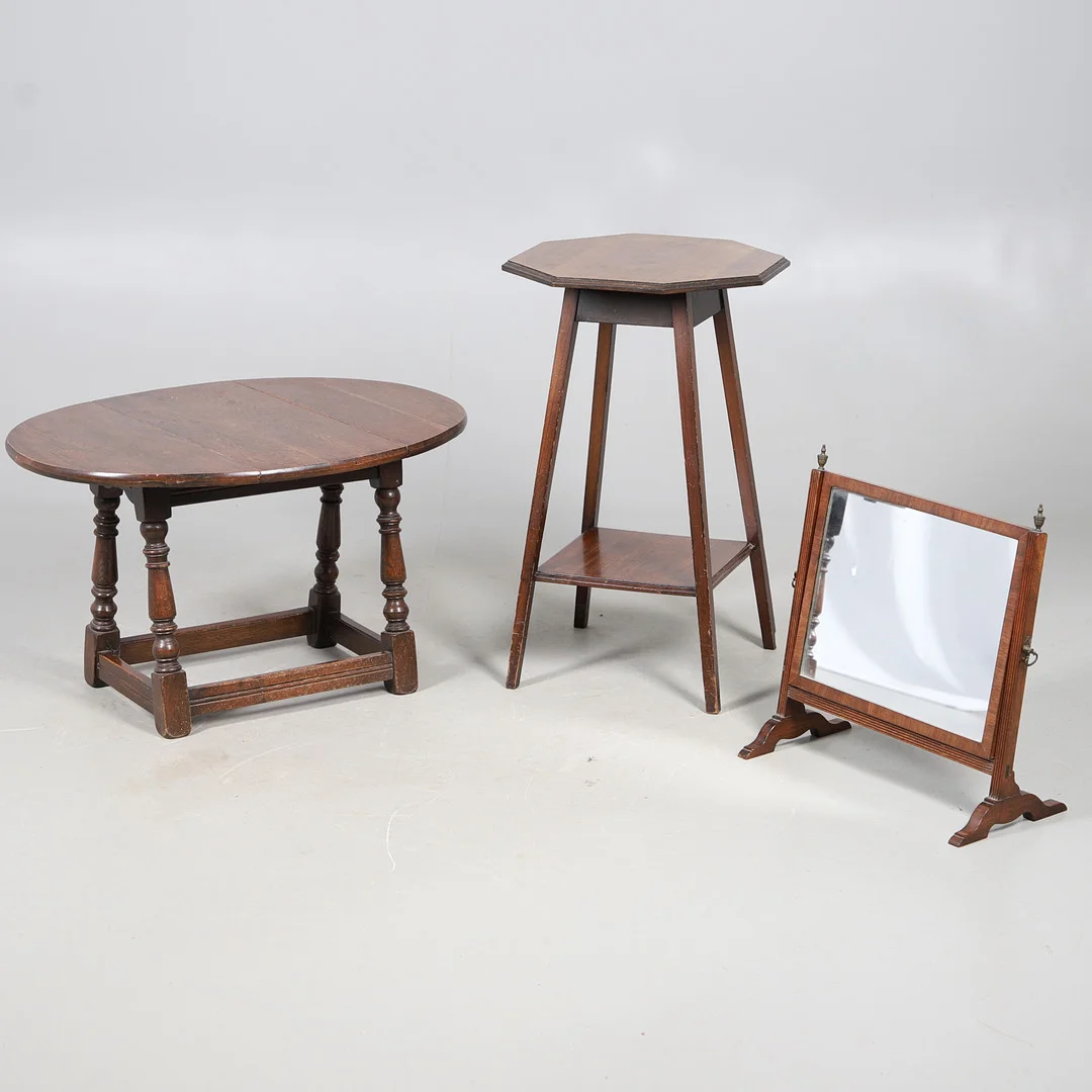 A SMALL OAK DROP LEAF TABLE, AN OCTAGONAL OCCASTIONAL TABLE, AND A SWING MIRROR. — Other — Lawrences Auctioneers
