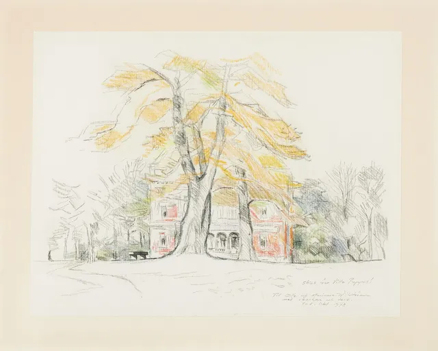 ROLAND SVENSSON. TILLSKRIVEN. skiss Villa Papyrus, (nu Villa Korndal), blandteknik.