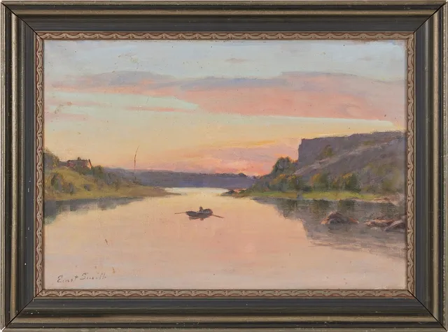 ERNST SMITH (1868-1945) Sjölandskap i solnedgång, oljemålning på duk, signerad Ernst Smith.