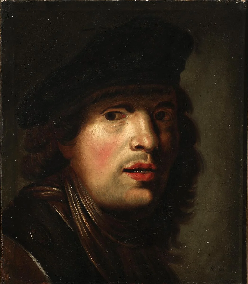Rembrandt van Rijn, after, 19th century: Portrait of a young man with a black hat. Signed with monogram AF pinx. Oil on canvas. 36×30 cm. — Paintings — Bruun Rasmussen