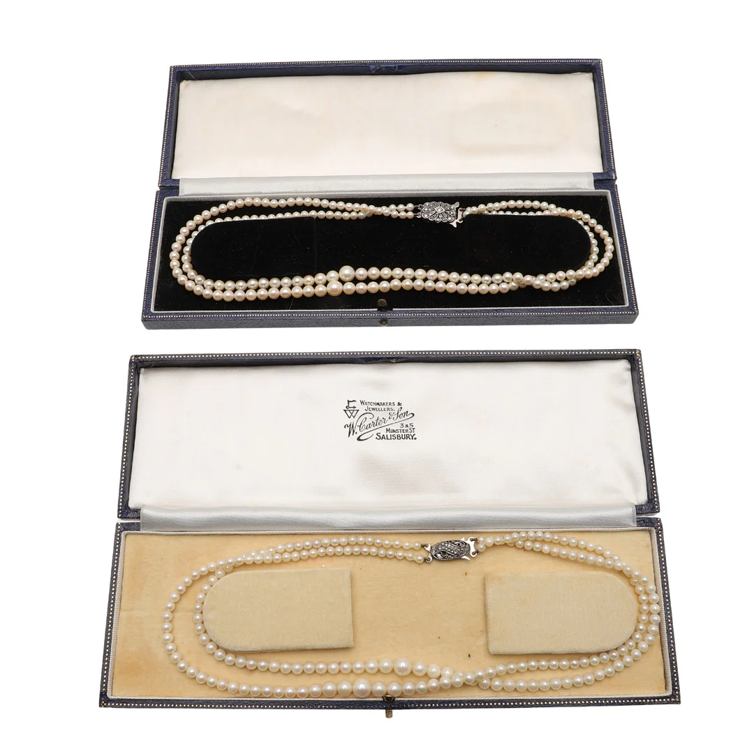 TWO EARLY 20TH CENTURY DOUBLE ROW CULTURED PEARL NECKLACES WITH SILVER AND MARCASITE CLASPS. — Necklace — Lawrences Auctioneers