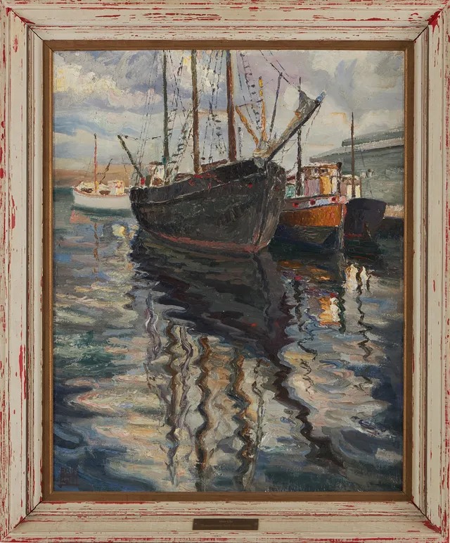 ERIK LAMM (1880-1959). "Hönö lasthamn", olja på pannå.