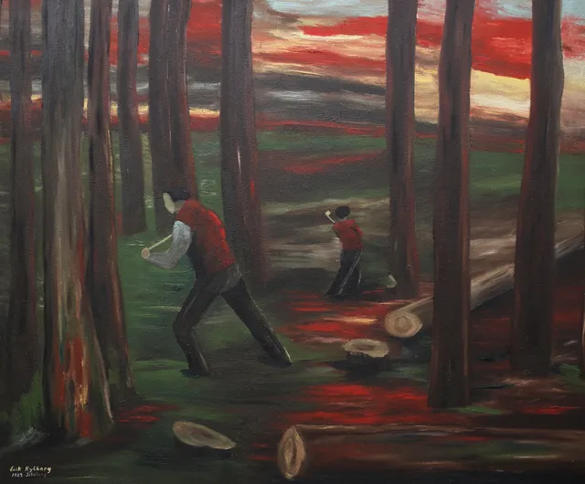 ERIK KYLBERG. "Far och son". Olja på duk, uppfodrad på pannå, signerad och daterad 1939.