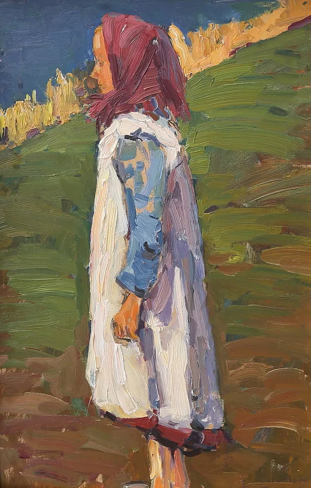 OIDENTIFIERAD KONSTNÄR. olja på pannå, flicka i profil, otydligt signerad, 1900-talets första hälft.