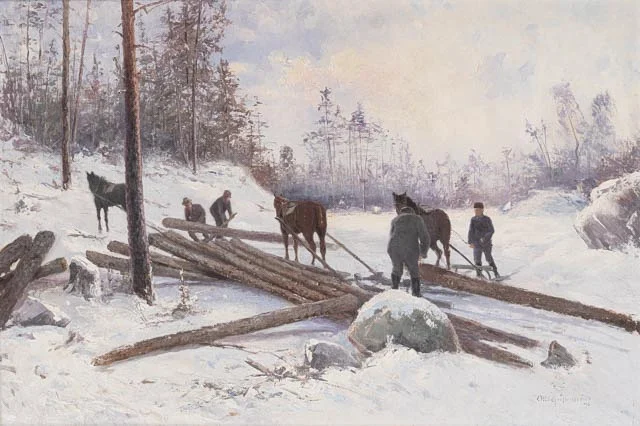 OTTO GRIPENSVÄRD (1847-1933). Skogsarbetare i vinterlandskap, olja på duk, signerad och daterad -96. — Paintings — Garpenhus Auktioner