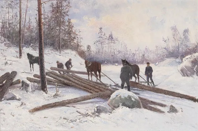 OTTO GRIPENSVÄRD (1847-1933). Skogsarbetare i vinterlandskap, olja på duk, signerad och daterad -96.