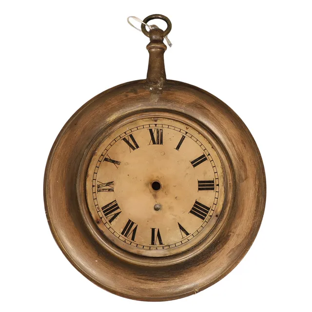 AN EARLY 20TH CENTURY WOODEN PAINTED CLOCK DISPLAY SIGNED, WITH HARRODS LABEL TO REVERSE.