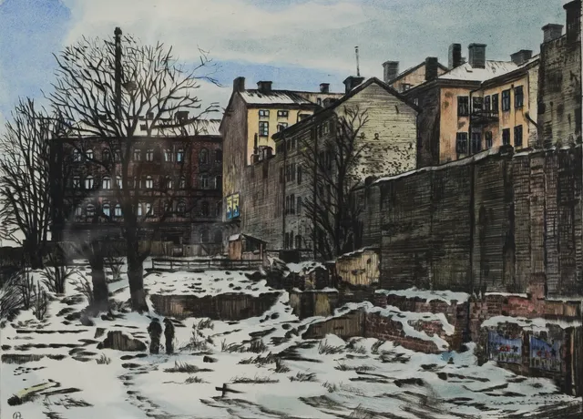 HASSE LINDROTH. "Högbergsgatan", färgetsning, signerad.