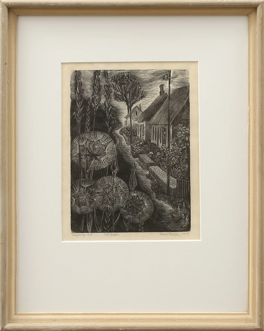 KARIN PERSSON. trägravyr no 9, "Mot kväll", signerad, 1947. — Engravings & Prints — Garpenhus Auktioner