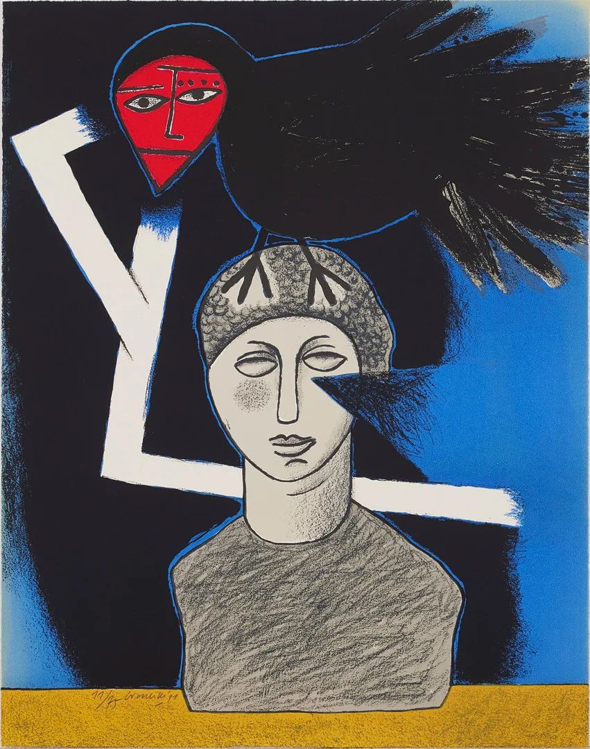 GUILLAUME VAN BEVERLOO, "CORNEILLE". Komposition, färglitografi, signerad samt daterad 91, numrerad 11/75. — Engravings & Prints — Stockholms Auktionsverk Magasin 5