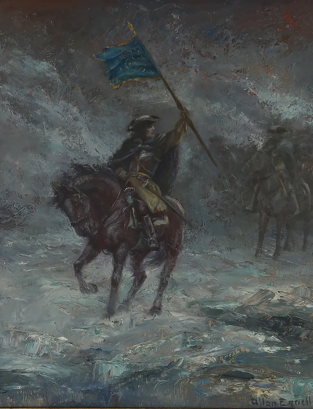 ALLAN EGNELL. Två militärer till häst, olja på pannå, signerad.
