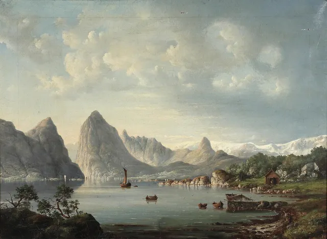 Sailing ships in a Norwegian fiord. Signed and dated C. Due [18]53. Oil on canvas. 60×82 cm.