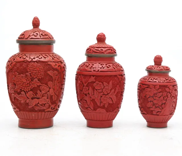 Set of three Chinese metal and cinnabar lacquer simile resin, 20th Century.