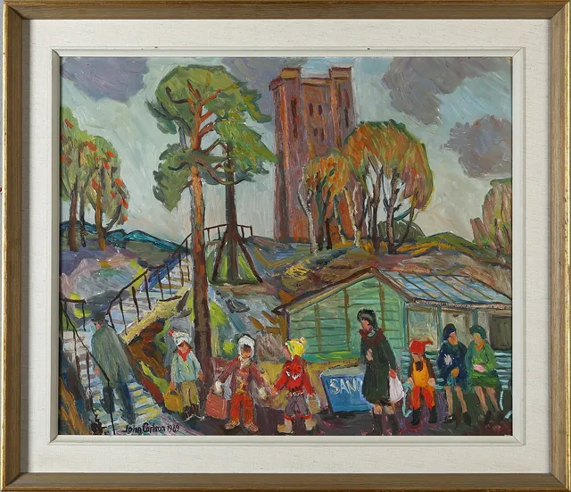 JOHN CARLSON. Olja på pannå, Vattentornet, Sundbyberg, signerad 1969.