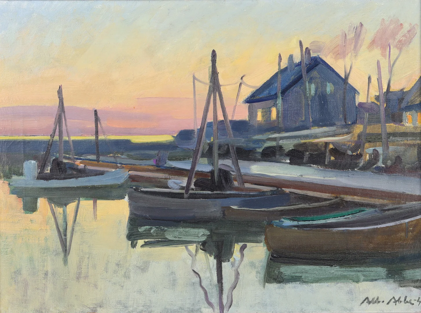 ALBERT ABBE (1889-1966). "Afton vid hamnen", olja på duk. — Paintings — Stockholms Auktionsverk Helsingborg
