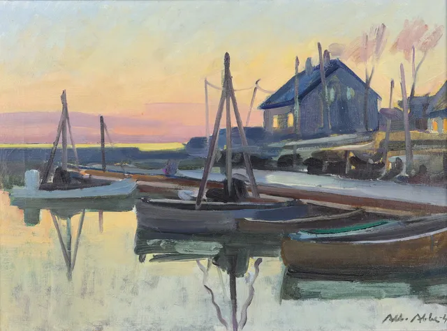 ALBERT ABBE (1889-1966). "Afton vid hamnen", olja på duk.