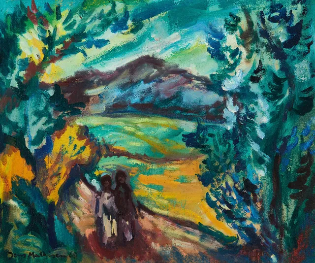 JENS MATHISEN (NORGE, 1926–2010). Figurer i landskap, olja på duk, signerad.