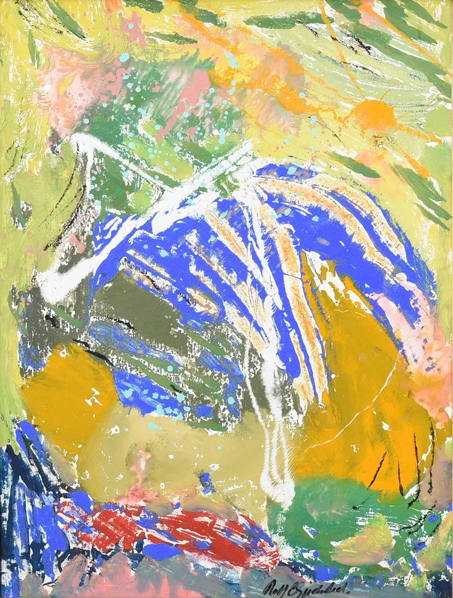 ROLF GJEDSTED. F. 1947. Komposition, mixed medier på plade, signeret.