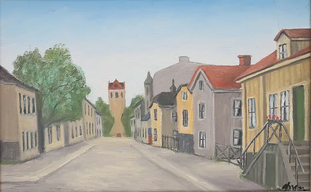 YNGVE JOHANSSON. Sandgärdsgatan Växjö, olja på duk, signerad.
