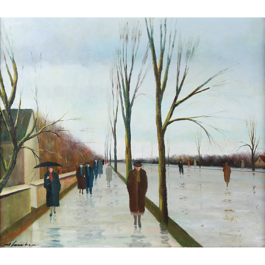 CORT JACOBSEN (1911-1967). Efterårsparti med figurer, olie på lærred. — Paintings — Bidstrup Auktioner