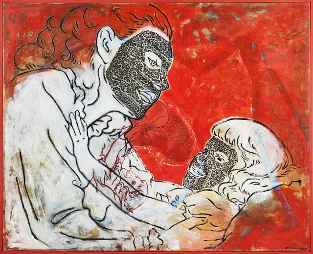 JETTE ANDERSEN. (Danmark/Sverige, född 1949) "Sorgemask", signerad, olja på duk.