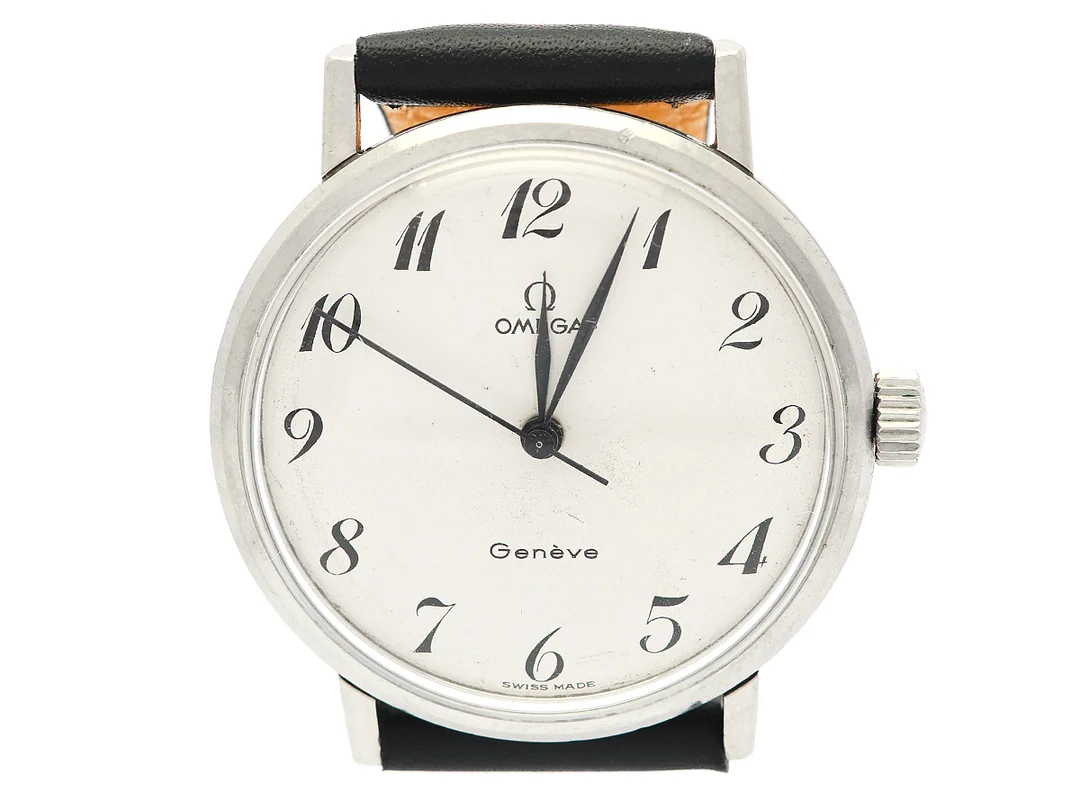 OMEGA, Genève, Cal 601, Serie nr. 25067231, Ref nr. ST 131.0019, Boett nr. 131.019, herrur, 34 mm, stål, manuell, plexiglas, skadad urtavla, läderband, ca 1967. — Klockor/Omega — Kaplans