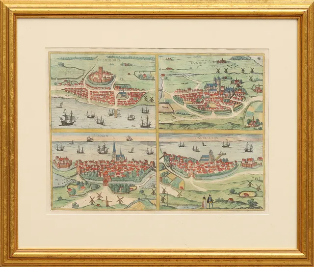 ANTIK KARTA. BRAUN & HOGENBERG, VYER AV FYRA SKÅNSKA STÄDER, KOLORERAT KOPPARSTICK. ca 1590.