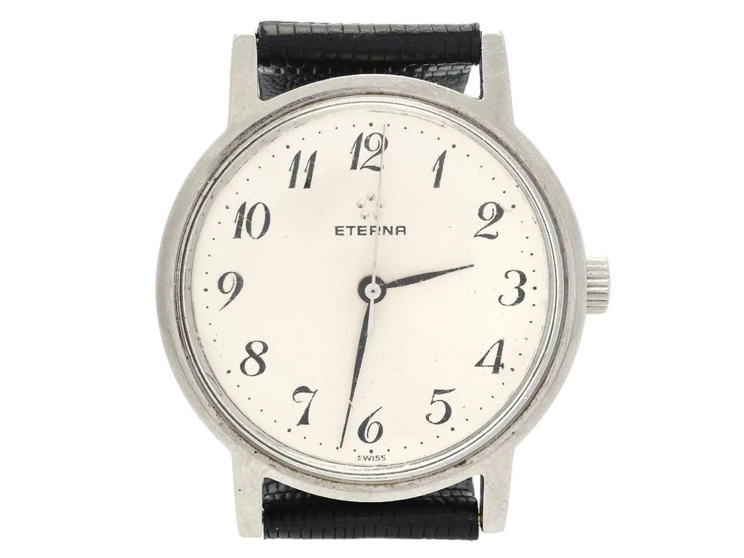 ETERNA, herrur, 35 mm, Cal 12801, Boett nr. 453.2063.41, stål, manuell, plexiglas, skadad urtavla, ca 1975. — Klockor/Eterna — Kaplans