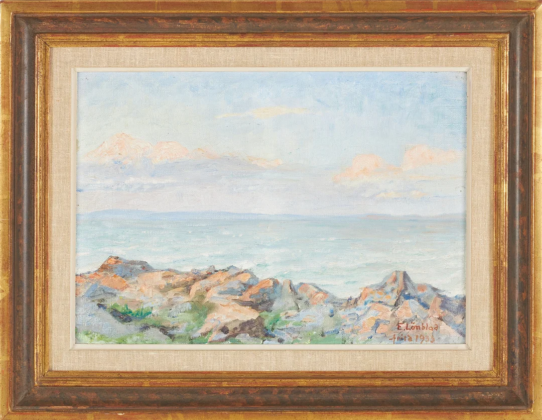 EMILIA LÖNBLAD. Kustmotiv, olja på på pannå, signerad och daterad, 1933. — Paintings — Stockholms Auktionsverk Sickla