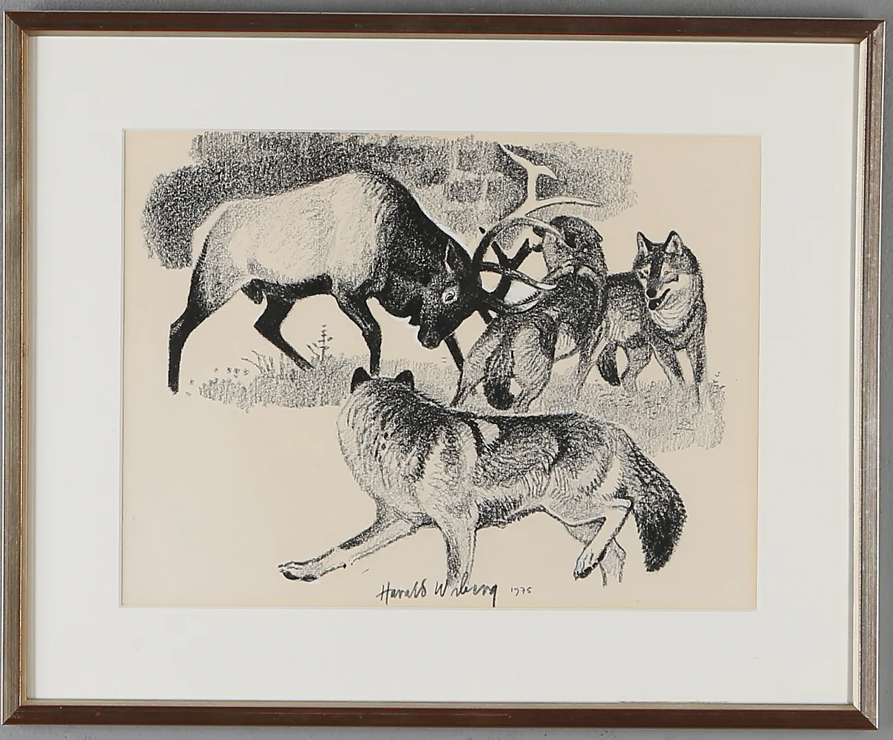 HARALD WIBERG. Ren och vargar, blandteknik, signerad och daterad -76. — Drawings — Auktionshuset Kolonn