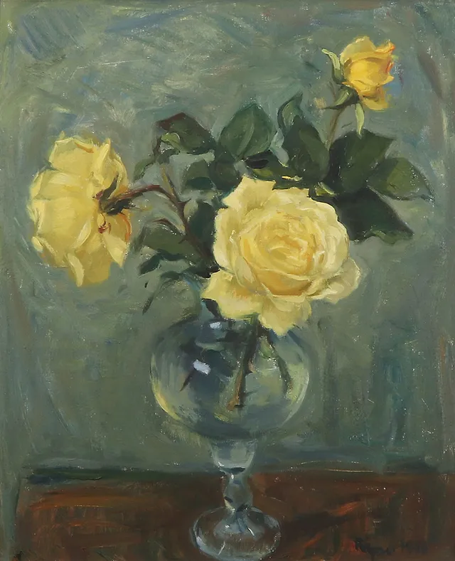 RYNO FRIBERG. Oljemålning på duk. Stilleben med rosor i vas. Signerad Ryno 1956.