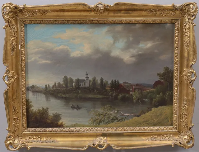 ALBERT BLOMBERGSSON. Voxna kyrka, olja på duk, signerad och daterad 1864.