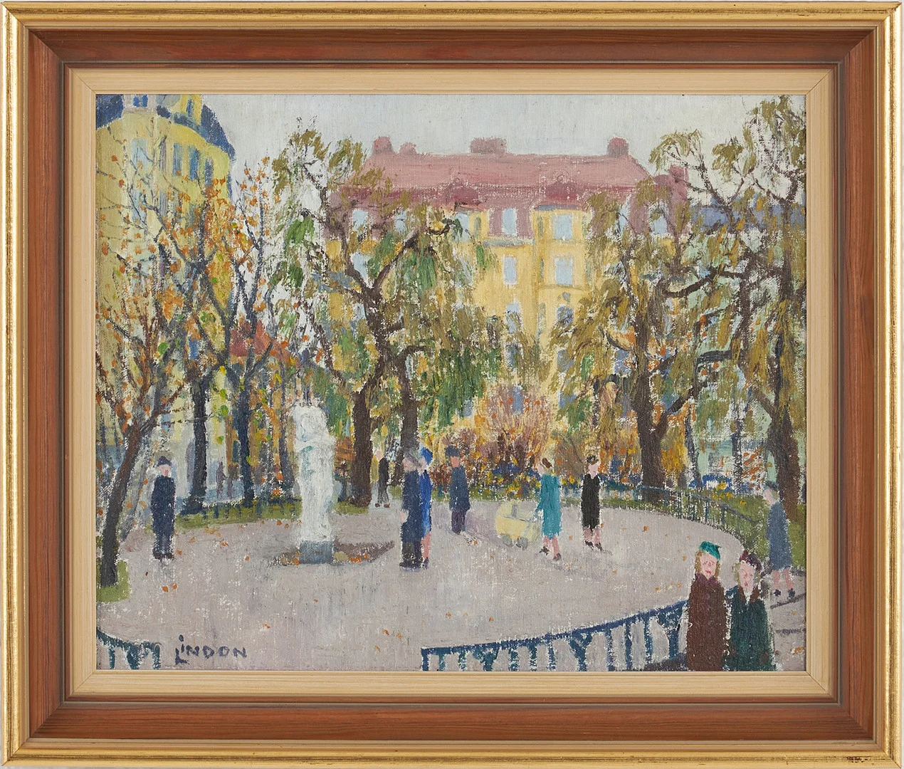 KURT LINDON (1910-1985). "Höstdag på torget Mosebacke", olja på pannå, signerad. — Paintings — Stockholms Auktionsverk Magasin 5