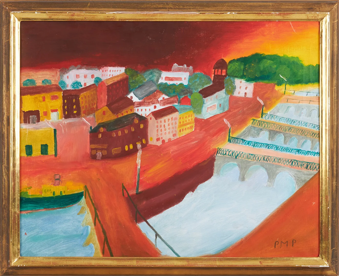 PRIMUS MORTIMER PETTERSSON. kompostion med stad, olja på duk, signerad PMP, daterad a tergo 1946. — Paintings — Stockholms Auktionsverk Magasin 5