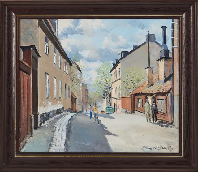 BRUNO KARLSSON. "Yttersta tvärgränd, Söder", olja på duk, signerad, -86.