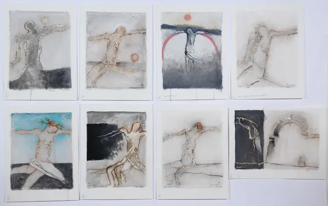 Nis Schmidt. 'Ekko', 'Pieta' etc. Eight mixed media on paper. (8)