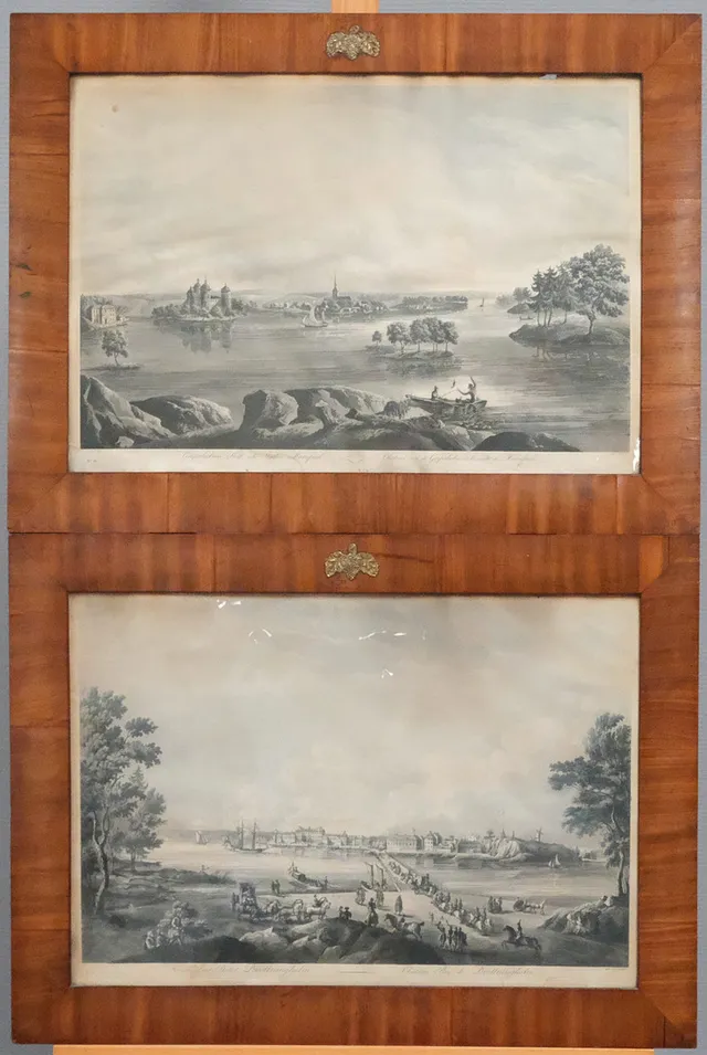 JOHAN FREDRIK MARTIN. "GRIPSHOLMS SLOTT OCH STADEN MARIEFRED" SAMT "KONGL. LUSTSLOTTET DROTTNINGHOLM", TVÅ GRAVYRER.