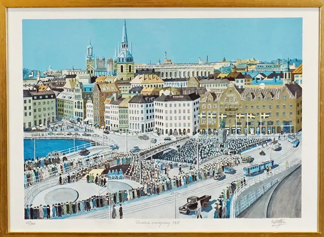 ULF NILSSON. Färglitografi, ''Slussens invigning 1935'', signerad, numrerad 25/360.