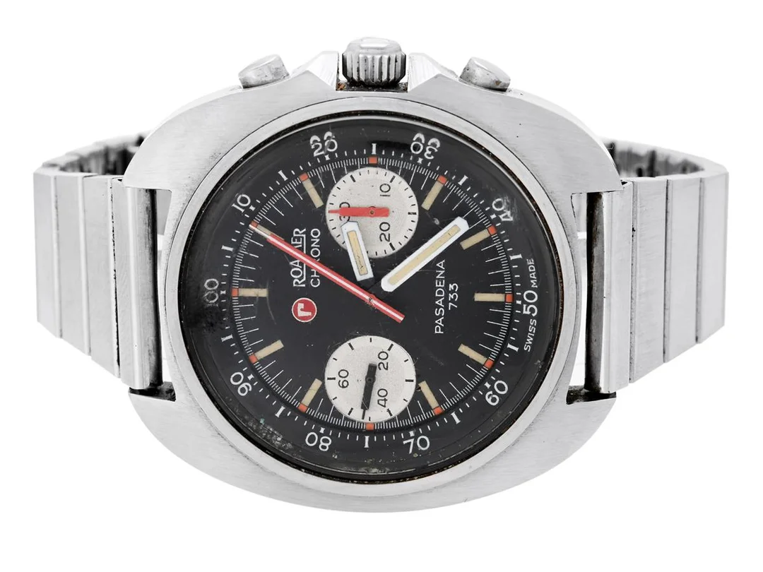 ROAMER, Chrono, Pasadena 733, Cal Valoux 7733, Boett nr. 733-9120-608 / 324733, kronograf, herrur, 43 mm, stål, manuell, plexiglas, skadad urtavla/visare, defekt (går ej, akut servicebehov), originallänk, viklås, ca 1970. — Klockor/Roamer — Kaplans