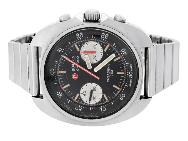 ROAMER, Chrono, Pasadena 733, Cal Valoux 7733, Boett nr. 733-9120-608 / 324733, kronograf, herrur, 43 mm, stål, manuell, plexiglas, skadad urtavla/visare, defekt (går ej, akut servicebehov), originallänk, viklås, ca 1970.