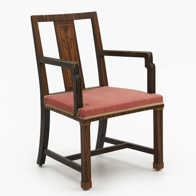 KARMSTOL, 1930/30-tal. Swedish Grace. Fanérad i björk och palisander, ryggbricka med intarsiadekor.