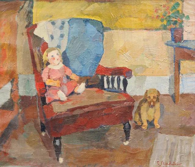 GERHARD NORDSTRÖM. Interiör med hund och flicka, olja på duk, signerad.