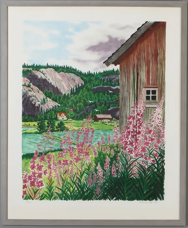 MONA HUSS WALIN. Landskap med hus, färglitografi, signerad och numrerad 12/460.