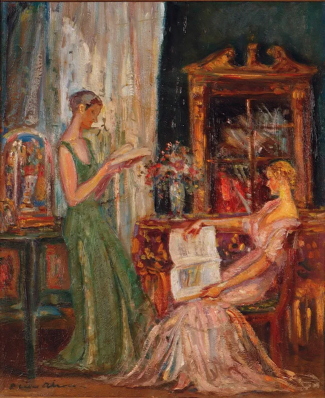 PERE CASAS ABARCA (1875–1958). Interior con dos jóvenes.