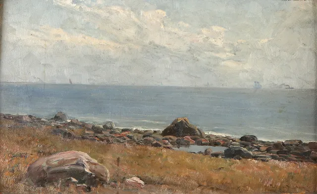 WILHELM DAHLBOM. Oljemålning på pannå. Kustlandskap. Signerad.