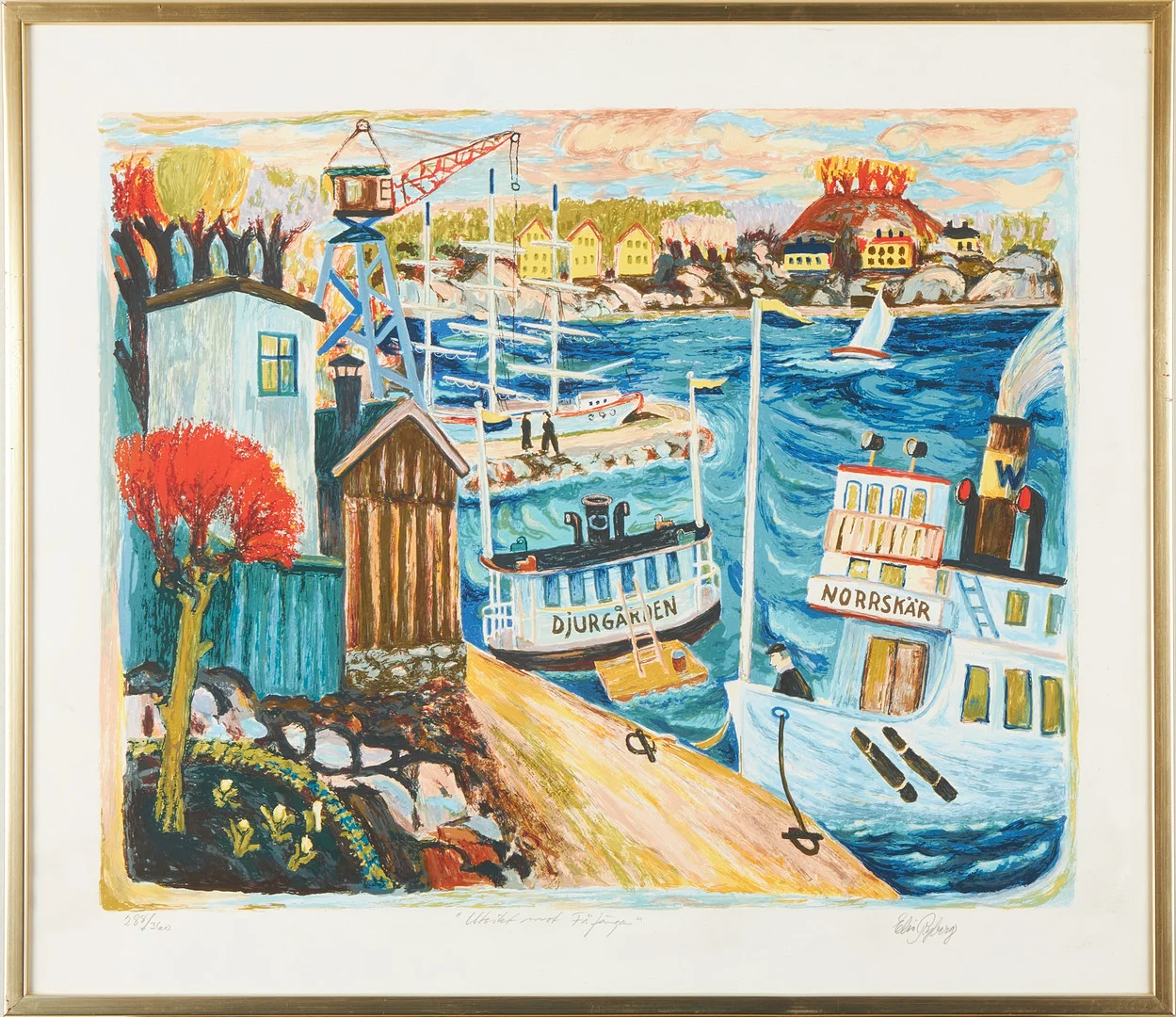 ELIS RYBERG. "Utsikt mot Fåfängan", färglitografi, signerad, numrerad 288/360. — Engravings & Prints — Stockholms Auktionsverk Magasin 5