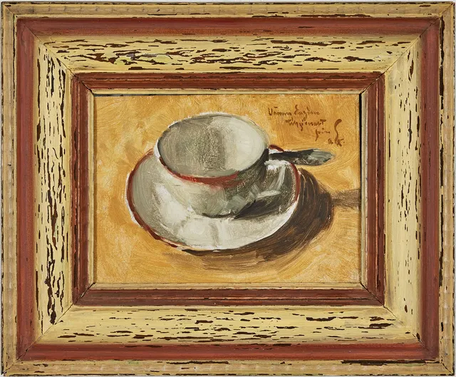 AKKE KUMLIEN. Tekopp, olja på pannå, 16 x 22 cm.